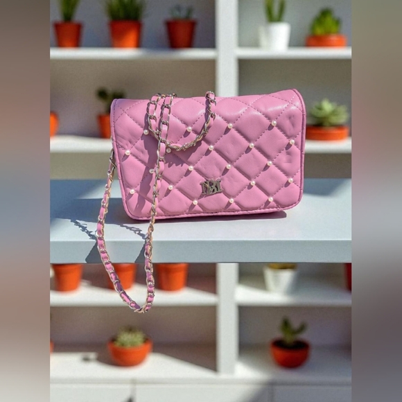 Badgley Mischka Diamond Quilted Crossbody Bag With Pearls Purple (New) - Picture 3 of 14